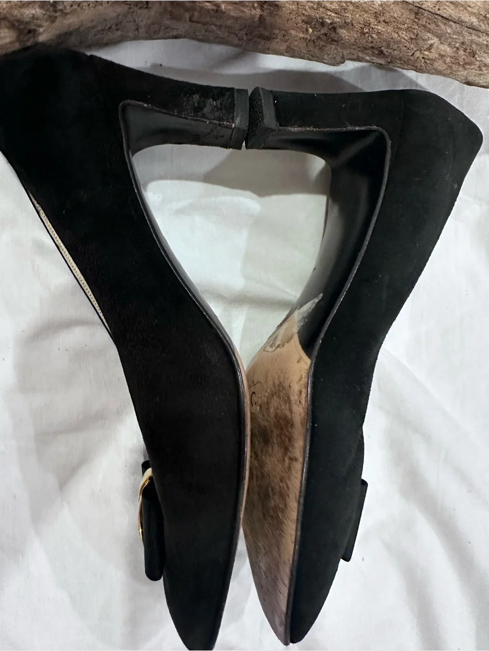 Bally Black Suede Pumps with Gold Bow Accent